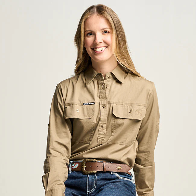 EquineLuxury Womens Half Button Long Sleeve Work Shirt - Gum Leaf Green
