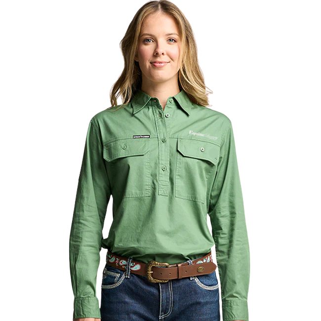 EquineLuxury Womens Half Button Long Sleeve Work Shirt - Gum Leaf Green