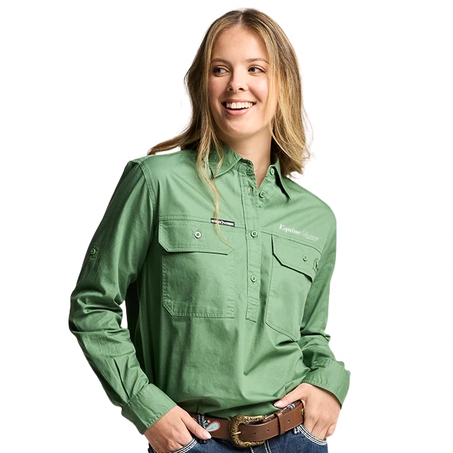 EquineLuxury Womens Half Button Long Sleeve Work Shirt - Gum Leaf Green