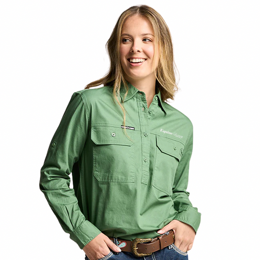 EquineLuxury Womens Half Button Long Sleeve Work Shirt - Gum Leaf Green